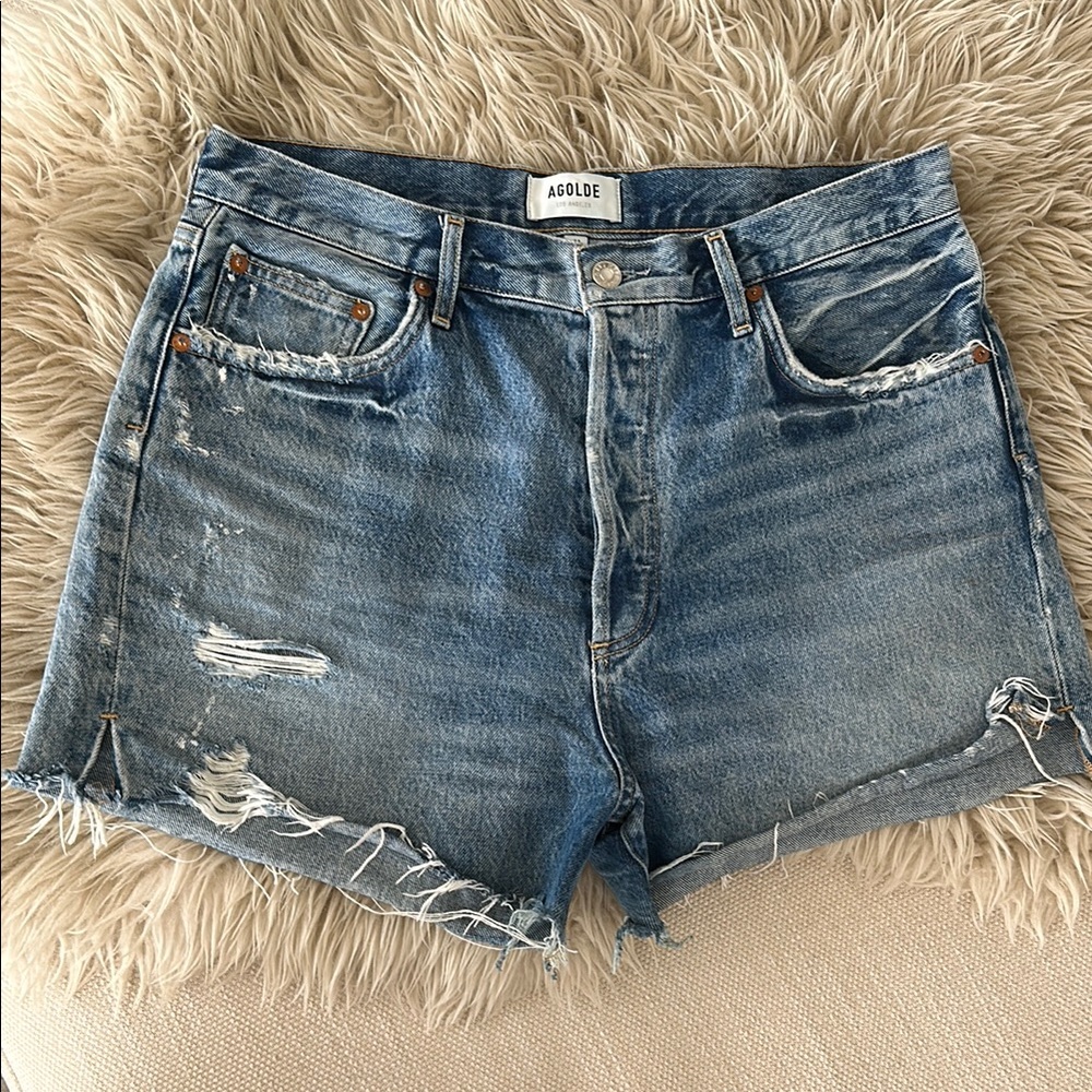Agolde Blue Distressed Jean Shorts High-Waisted